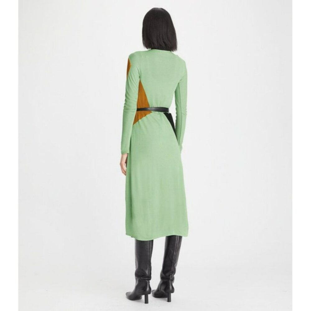 T-175. Tory Burch Color Block Honeycomb Jersey Dress Light Green Viridian - Picture 4 of 13